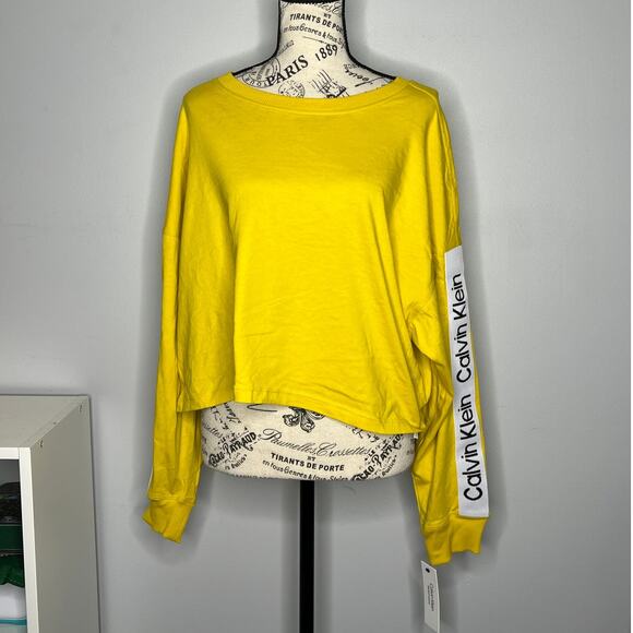 Calvin Klein Performance (M) Cropped Logo Stripe Long Sleeve Crew Neck Top Tee - Picture 9 of 9